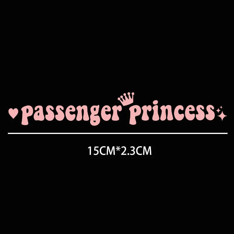 Passenger Princess humorous car sticker shown in multiple colour options on car rearview mirror