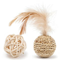Two-piece cat toy set showing rattan ball with bell and faux feather ball in primary colours