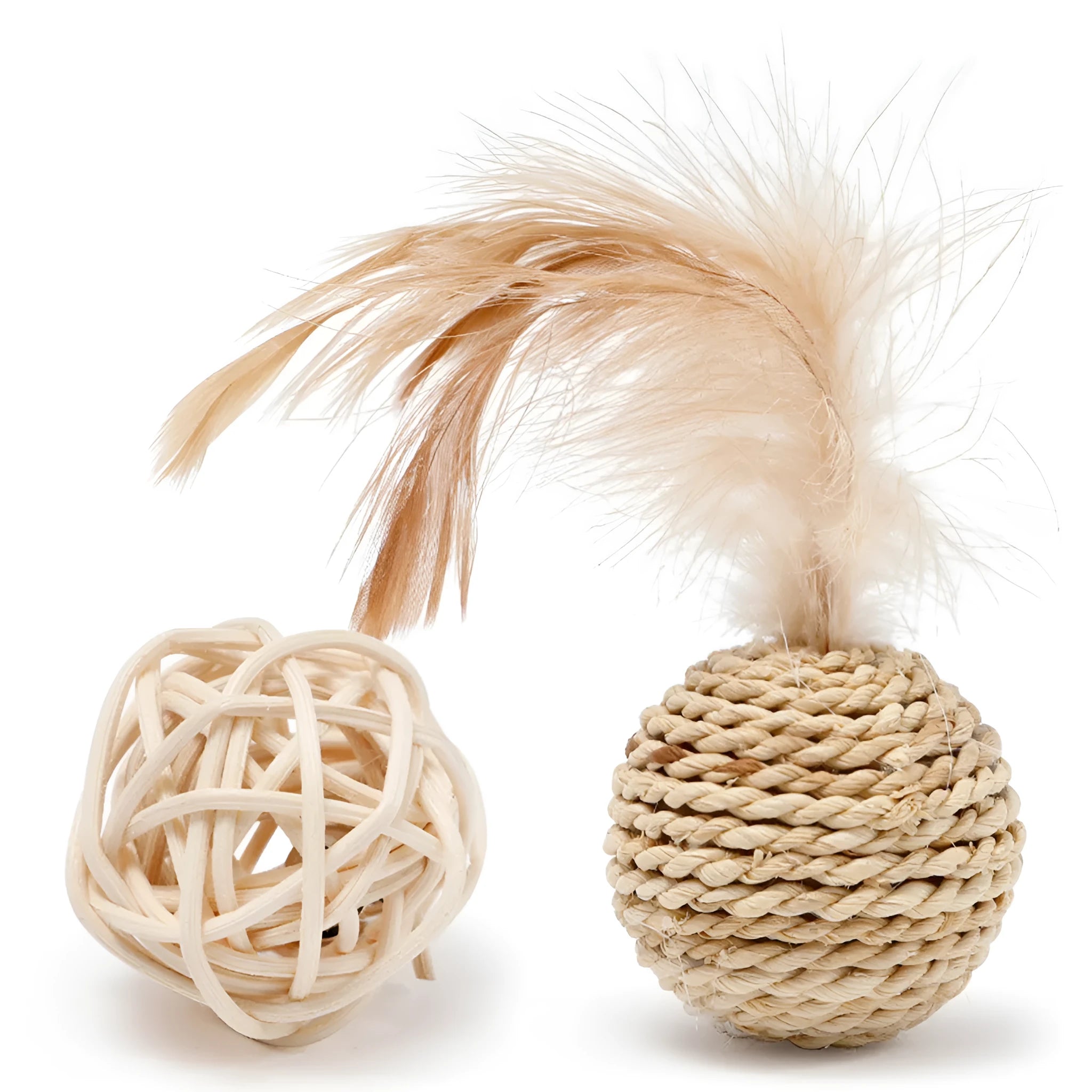 Two-piece cat toy set showing rattan ball with bell and faux feather ball in primary colours