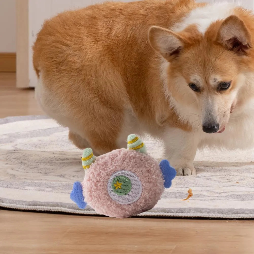 Cartoon-shaped plush dog chew toy with squeaky sound feature in multiple colour options