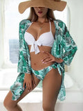 Women's three-piece bikini swimsuit with mesh split design in polyester fabric