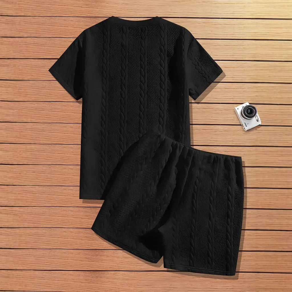 Men's black patch design rib short sleeve and shorts sports two-piece set