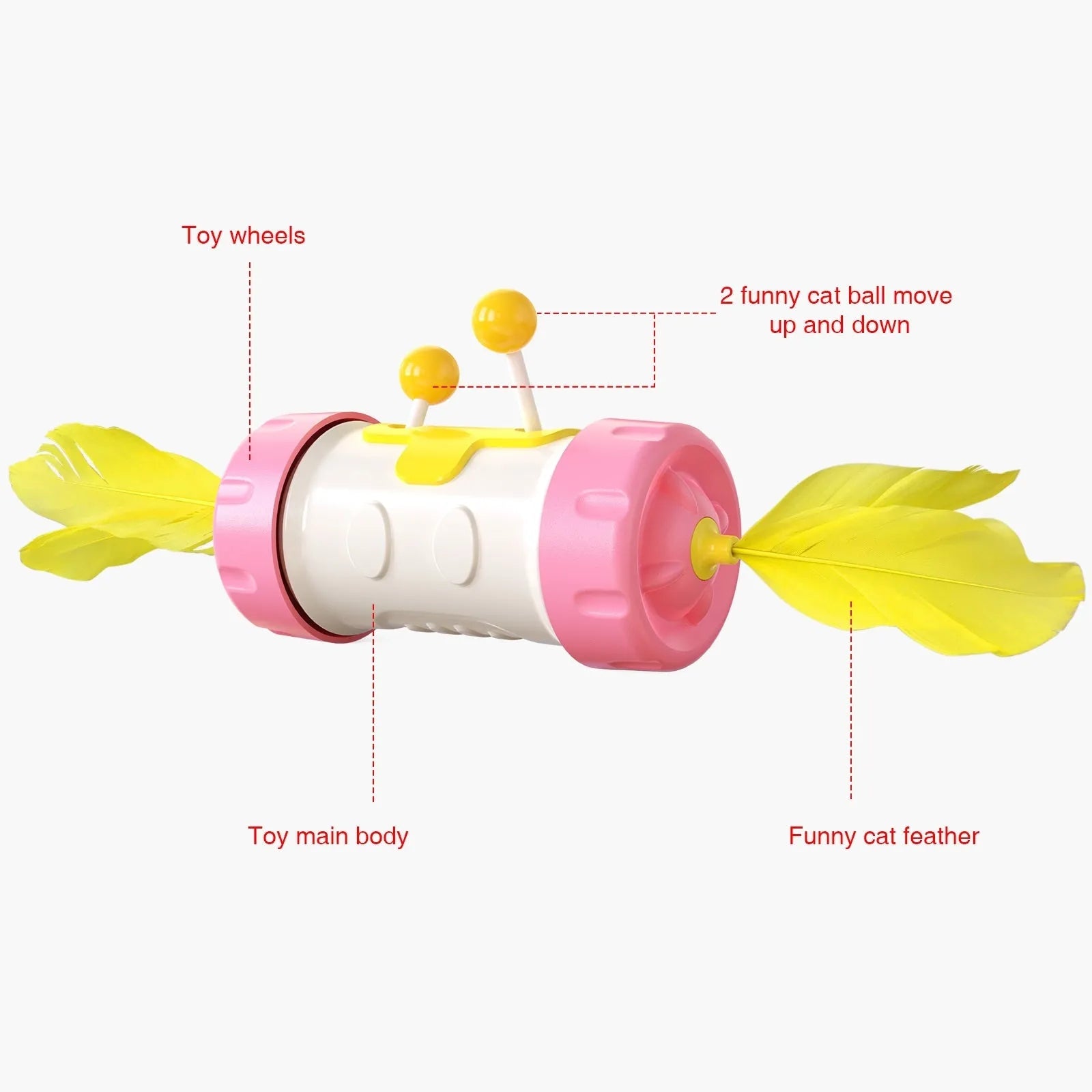 Cat toy stick with rotating feather ball in blue, green, pink, sky blue and yellow colour options