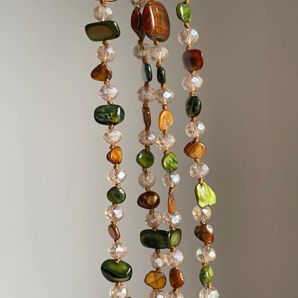 Retro bohemian colorful shell beaded double layer necklace in Coffee Green with mother of pearl geometric pendant