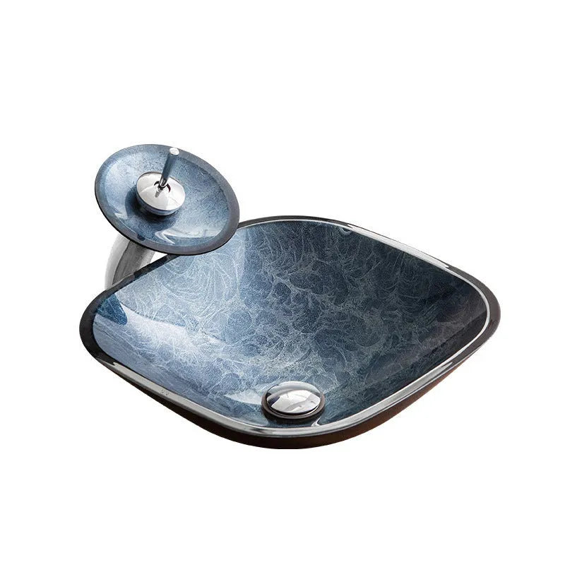 Blue grey tempered glass bathroom table basin with simple art design on white countertop