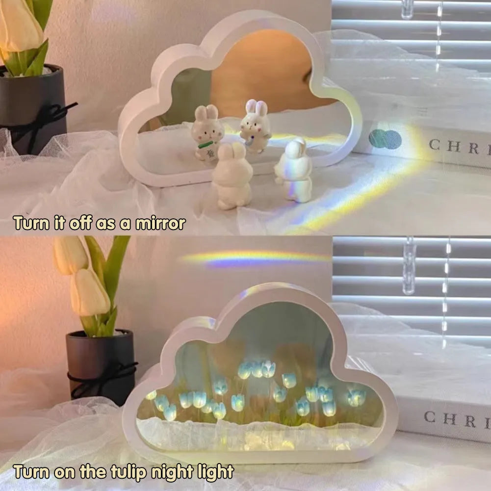 DIY tulip-shaped night lamp with LED light and decorative mirror in multiple colour options