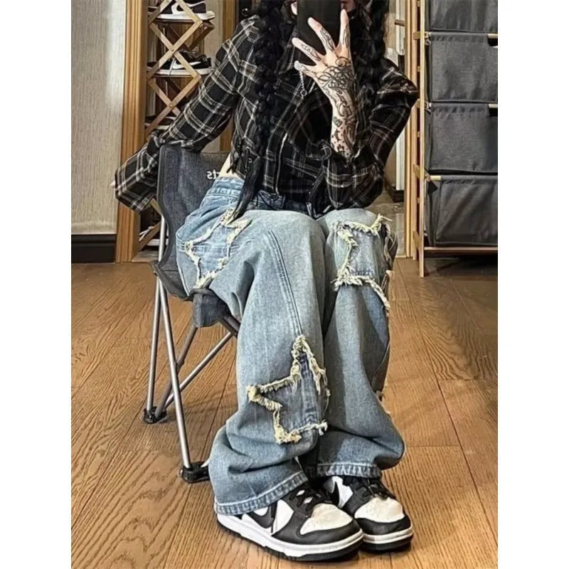 Blue high waist wide leg women's jeans in straight cut cotton denim trousers