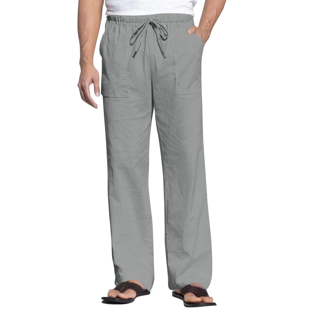 Men's cotton linen beach trousers with drawstring elastic waist in straight leg design