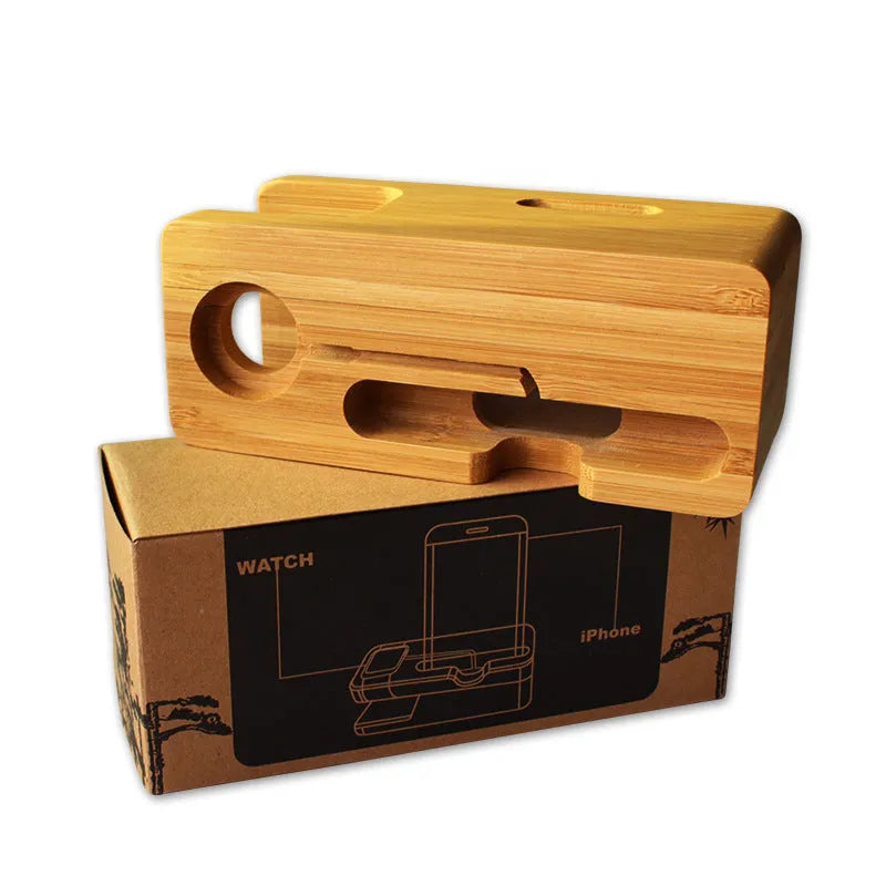 Bamboo carved phone and watch stand with decorative finish measuring 149mm