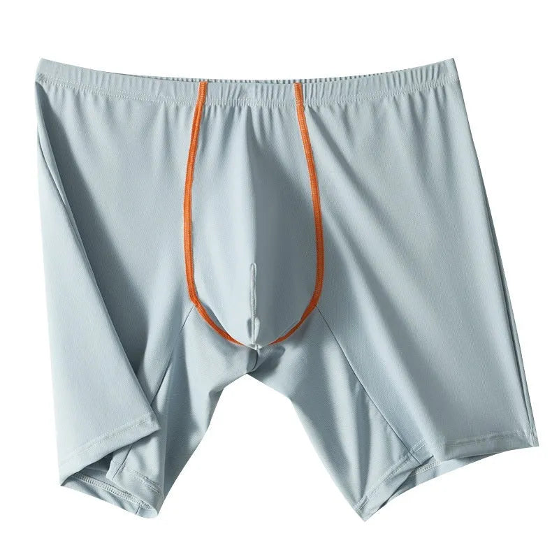 Men's mid-waist ice silk boxer underwear in black colour showing U-convex body shaping design