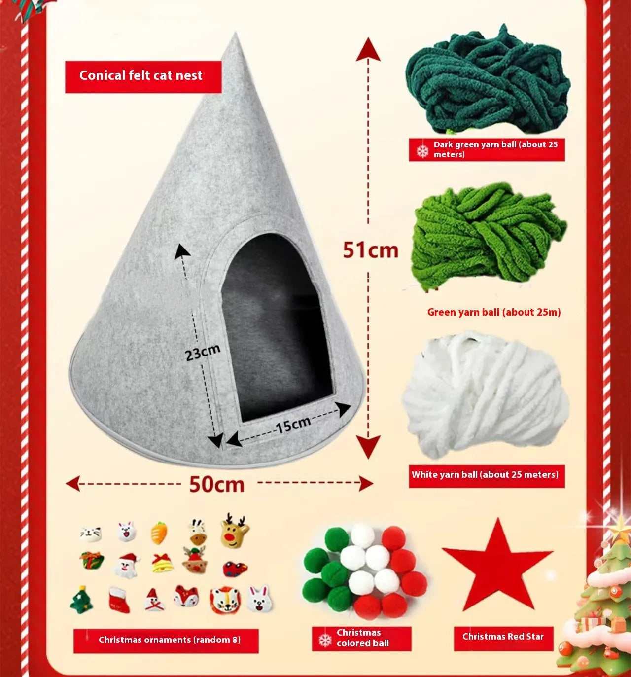 Grey conical felt cat house tent with circular base for indoor use