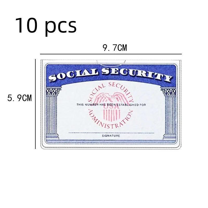Clear PVC social security card holder with dimensions 9.7cm by 5.9cm, shown protecting a card.
