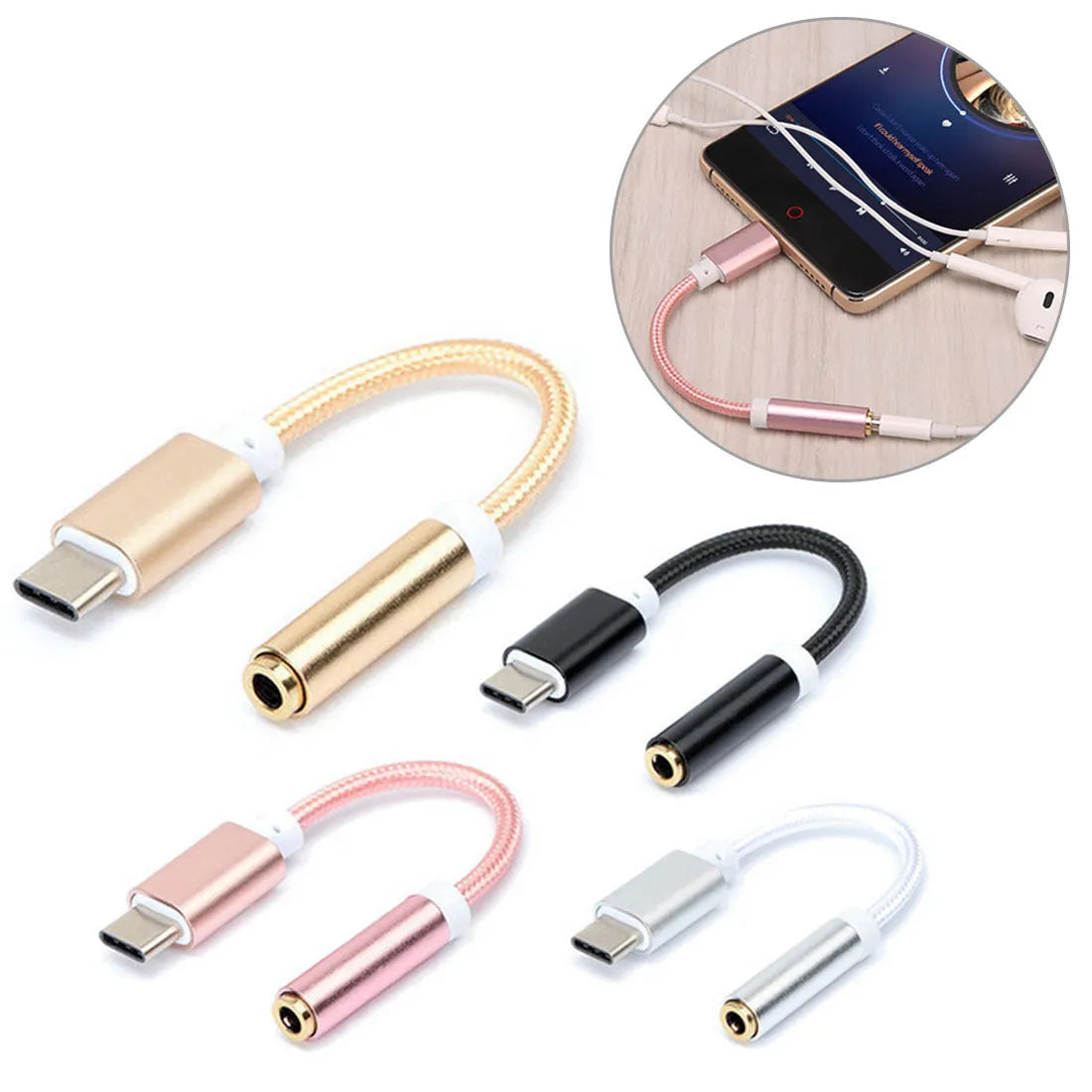 Type-C to 3.5mm headphone adapter cable in four colour options with nylon construction