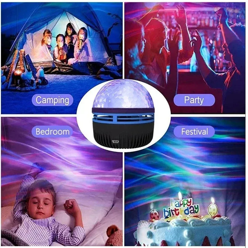 Silver LED galaxy projector lamp with acrylic shade on a table, showing starry light projection on a blue wall.