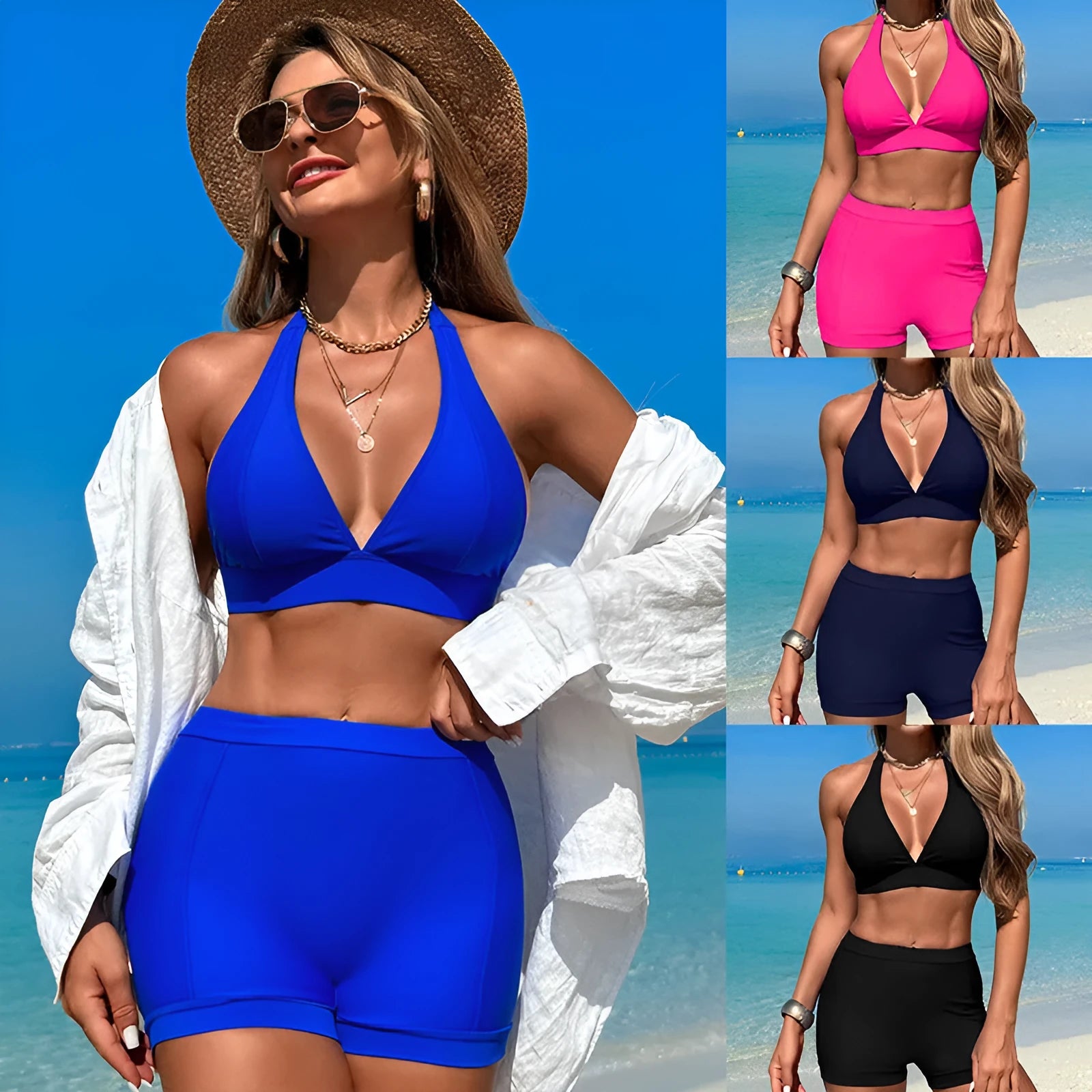 Women's two-piece sleeveless bikini swimsuit in nylon fabric on a mannequin.