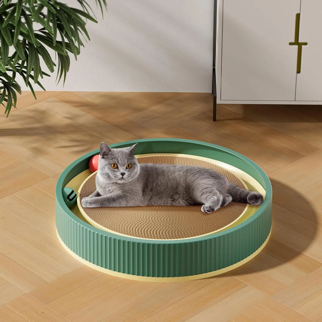 Large circular cat scratching board with ball toys and replaceable cardboard core