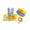 Cat wearing striped mesh harness with leash attached, showing quick-release buckle and adjustable straps