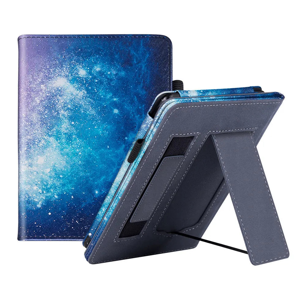 Brown calf leather case with built-in wrist splint stand for a Kindle Paperwhite 5 e-reader.
