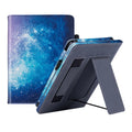 Brown calf leather case with built-in wrist splint stand for a Kindle Paperwhite 5 e-reader.