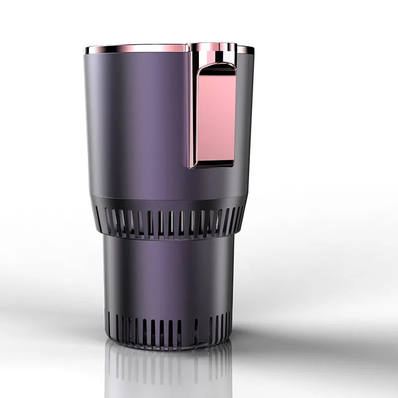 Black 12V car cup warmer and cooler with digital temperature display placed in a car cup holder.