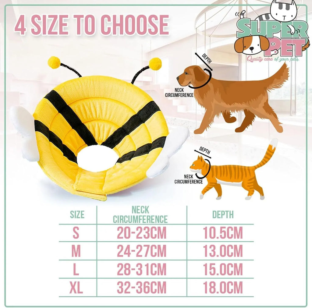 Soft cat cone collar with cute bee design shown on cat