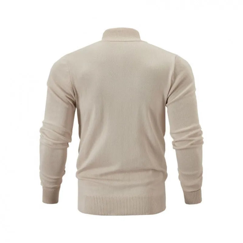 Casual cotton zip-front cardigan sweater with a stand collar in a loose fit.