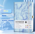 A5 soft touch PU leather notebook open on lined pages, shown in multiple colour options.