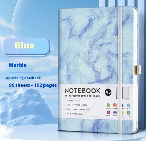 A5 soft touch PU leather notebook open on lined pages, shown in multiple colour options.