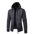 Grey men's hooded corduroy sweater coat with cinched waist, shown on a model.