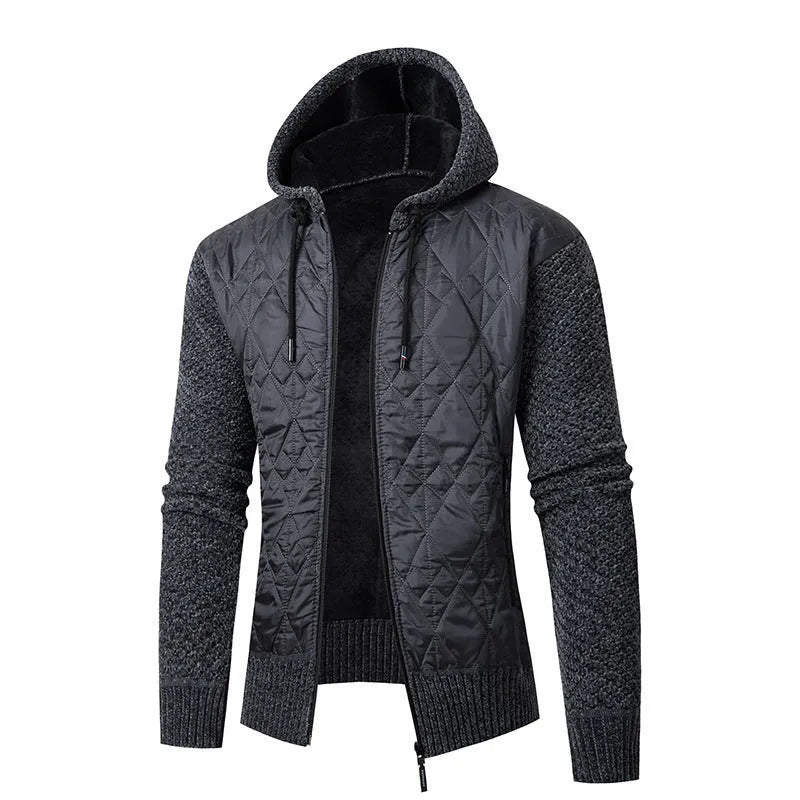 Grey men's hooded corduroy sweater coat with cinched waist, shown on a model.