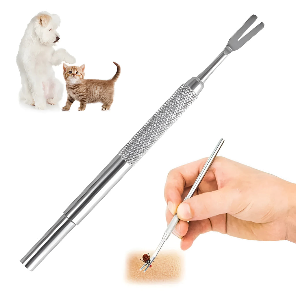 Silver stainless steel tick removal tweezers with fine tips and ergonomic handle for pets