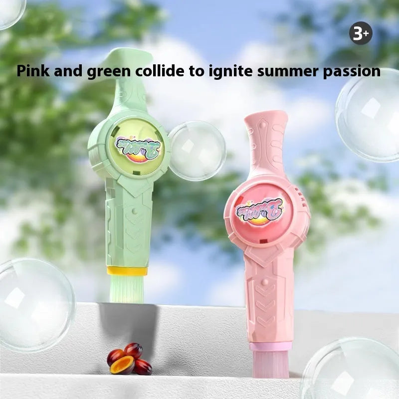 Handheld electric smoke machine toy in green with bubble water bottle, atomizer, and gloves, 25cm long