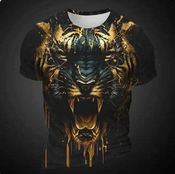 Close-up of a men's grey T-shirt featuring a detailed 3D digital print of a tiger's face on the chest.