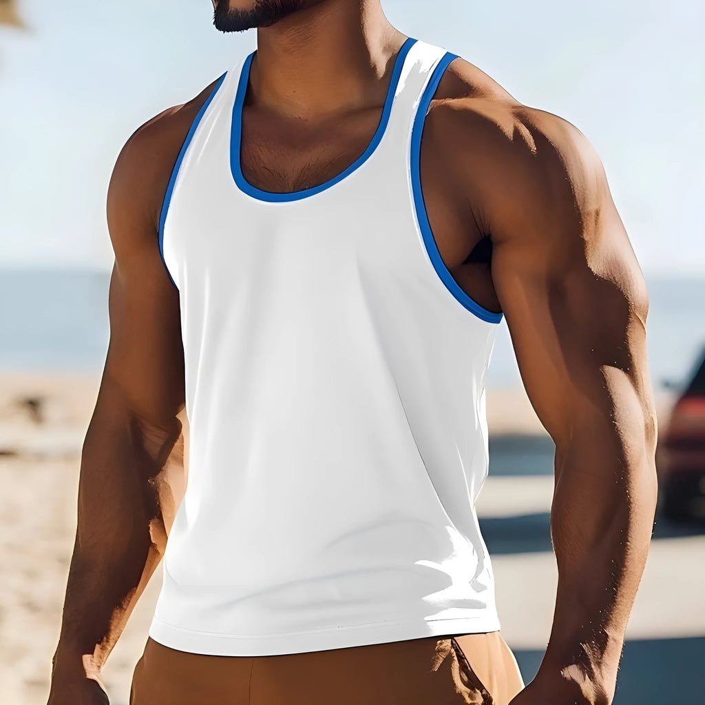 Solid colour polyester slim fit men's summer vest in a range of colours including black, white, red, green, blue, grey, and light blue