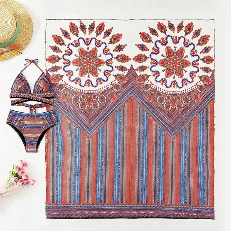 Women's three-piece swimsuit set showing cutout sleeveless blouse, high-waisted briefs, and matching swim coat