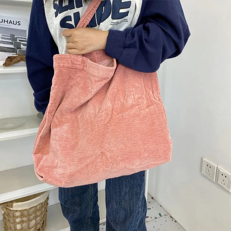 Corduroy shoulder tote bag large vertical square solid colour soft handle with pleated detail