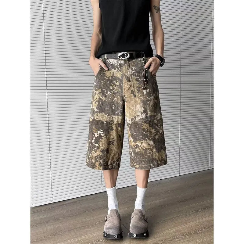 Yellow snake pattern camouflage cropped jeans on hanger
