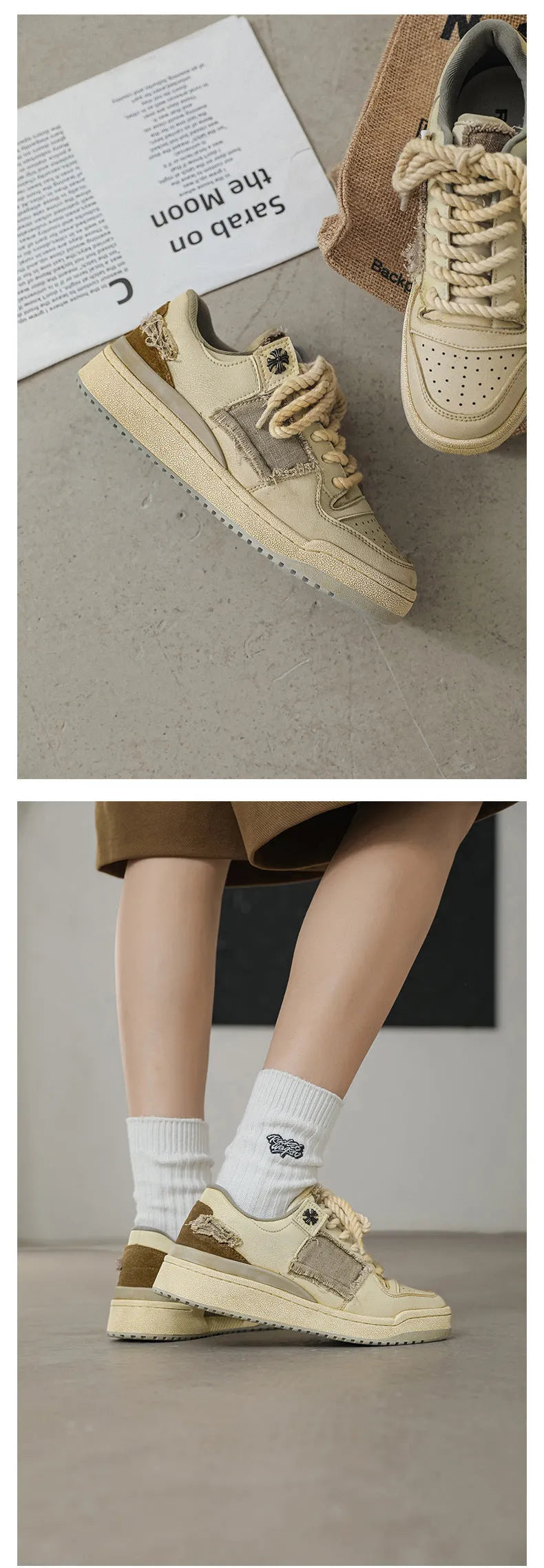 Beige low-top vintage skate shoes with round toe and front lace-up closure on a solid background.
