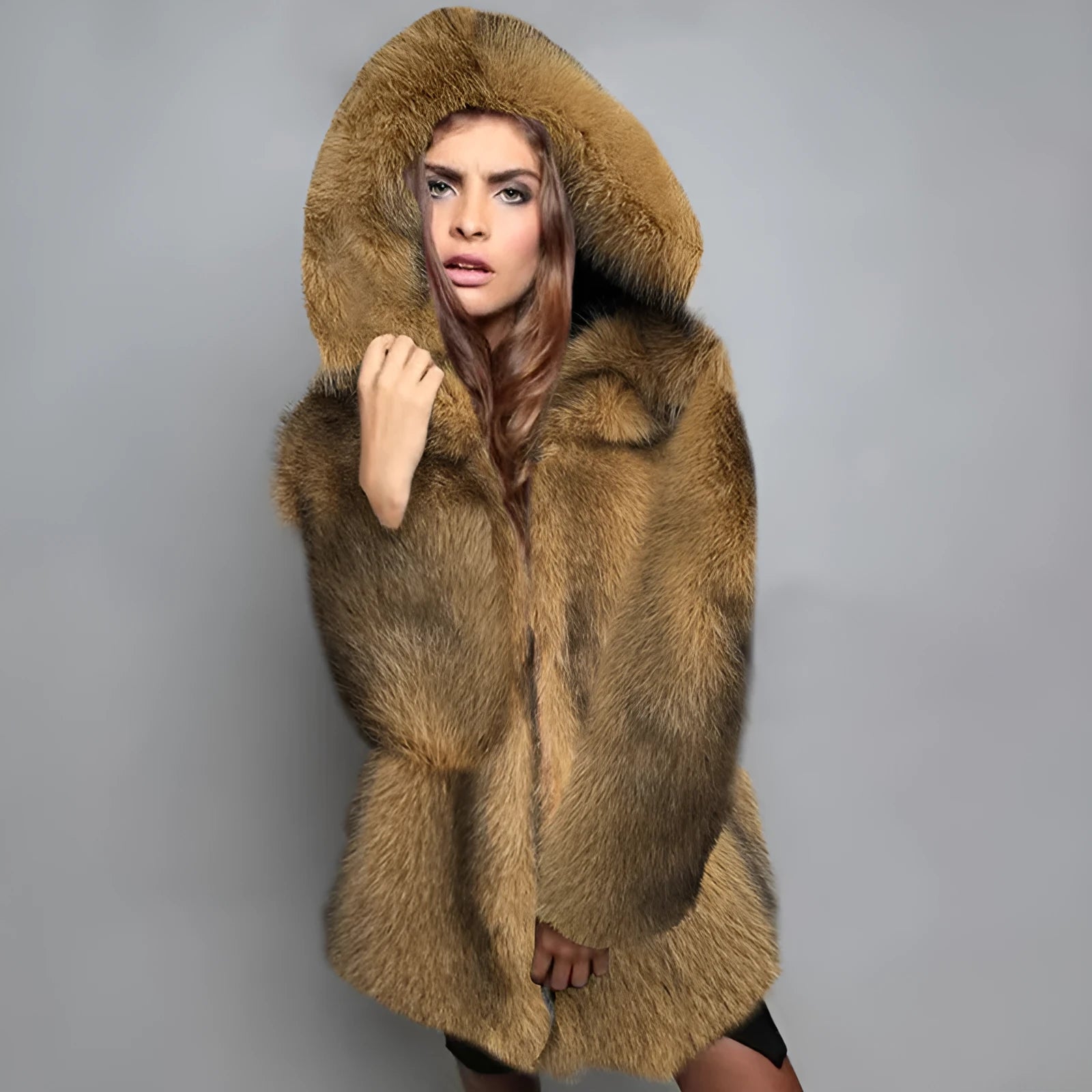 Women's silver grey artificial fur mid-length coat with regular sleeves on a hanger