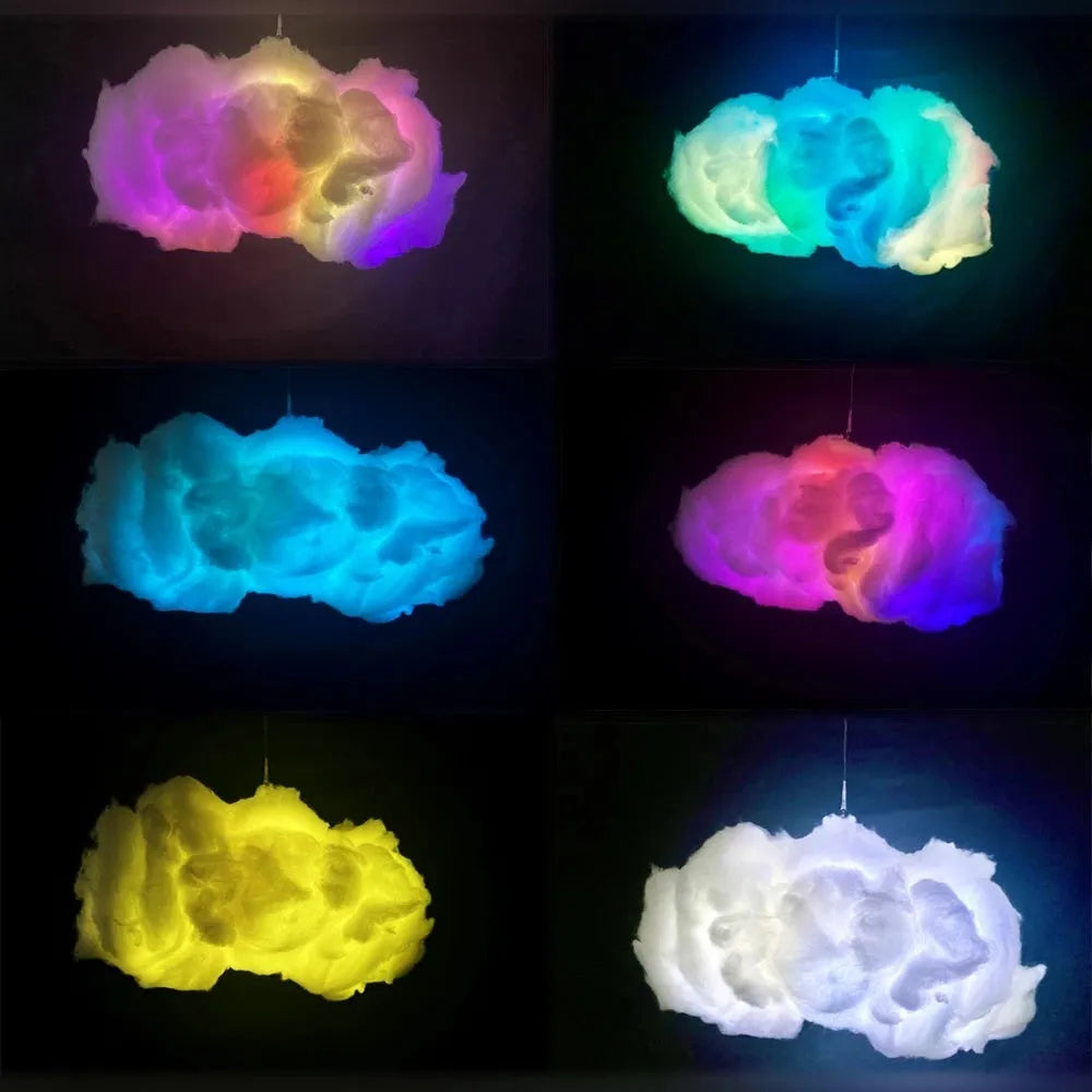 White fabric cloud-shaped LED pendant lamp with colourful lighting effects
