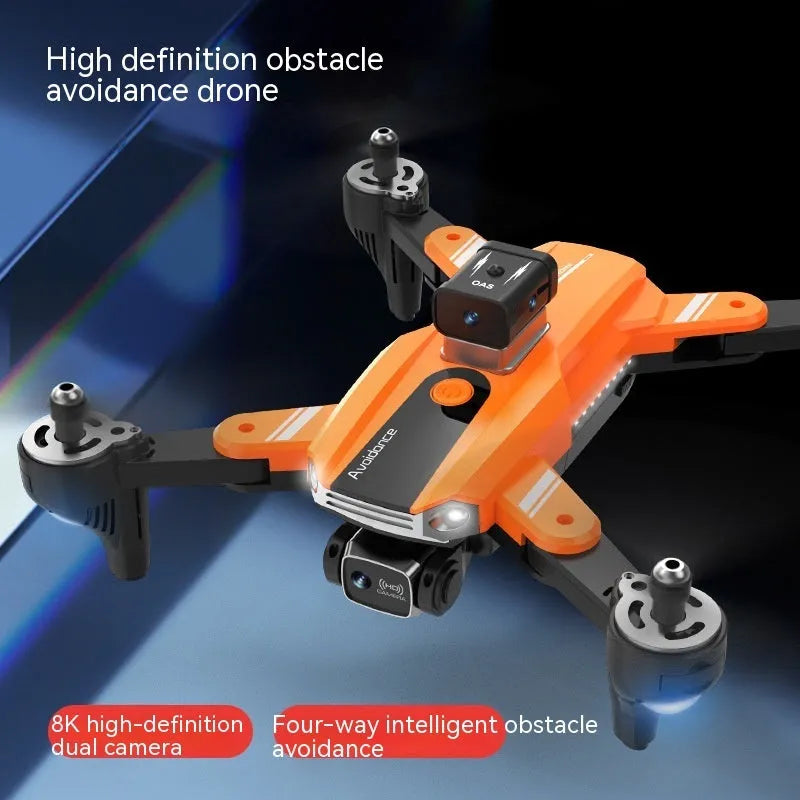 Orange four-axis plastic drone with propellers, featuring a dual camera and obstacle avoidance sensors.