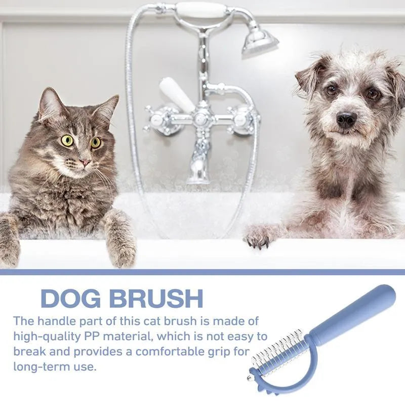 Dinosaur-shaped self-cleaning cat brush with double-sided stainless steel pins on blue handle