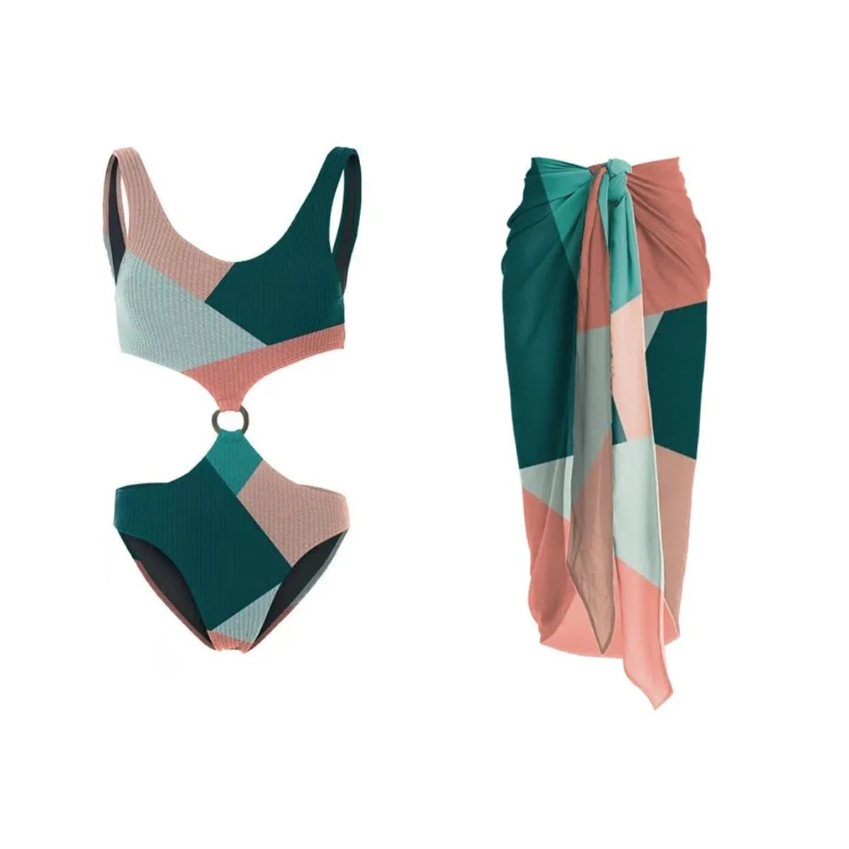 Contrast colour bikini two-piece set with a light mesh gauze skirt laid flat.
