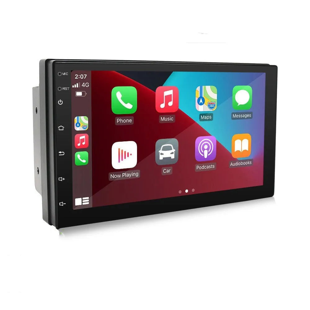Black universal car MP5 player with 7-inch touchscreen for CarPlay and GPS navigation.