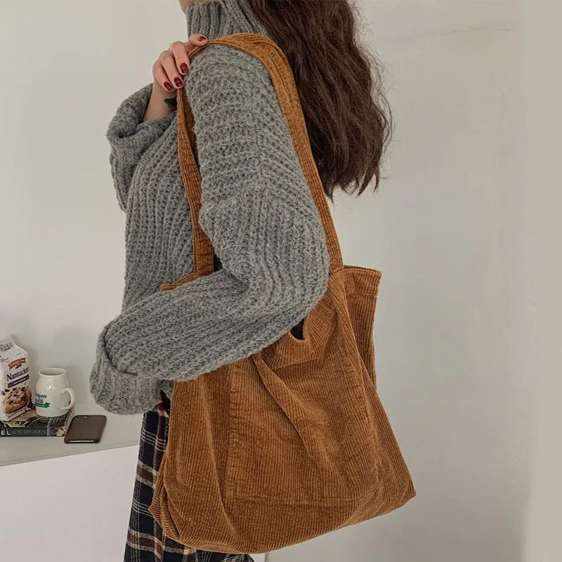 Corduroy shoulder tote bag large vertical square solid colour soft handle with pleated detail