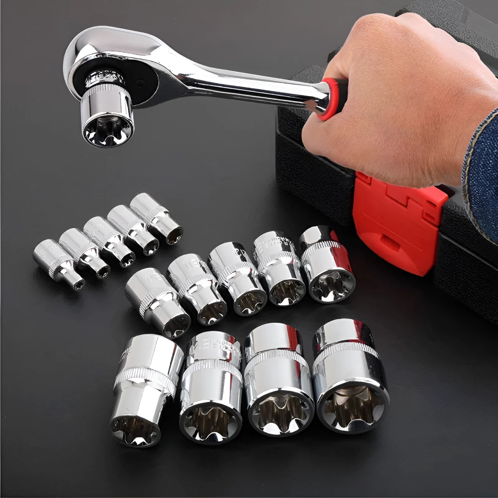 Red box containing a 14-piece chrome vanadium steel E-type socket set for auto and mechanical repair.