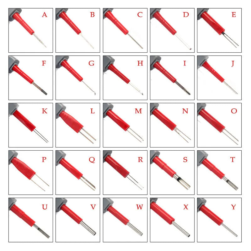 Set of 25 car terminal removal tools and pull-out keys for electrical harness disassembly.
