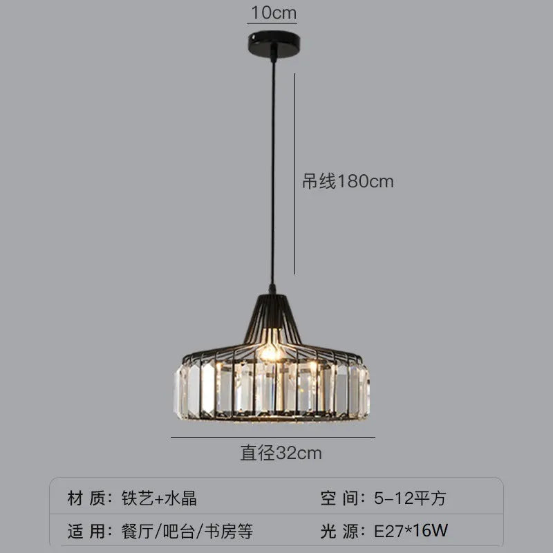 Modern crystal chandelier droplight with LED lights in black or gold finish, available in 18cm, 25cm, and 32cm sizes.
