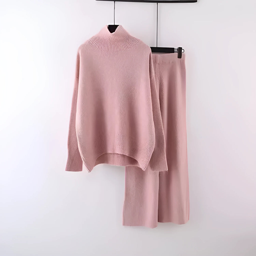 Women's casual long sleeve sweater and wide leg trousers two-piece set in solid colour.