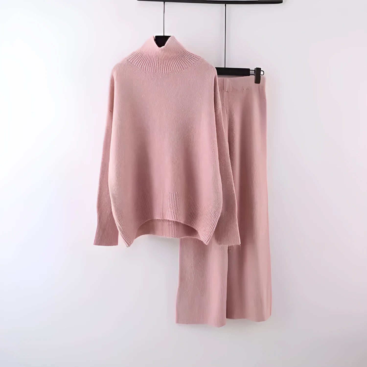 Women's casual long sleeve sweater and wide leg trousers two-piece set in solid colour.